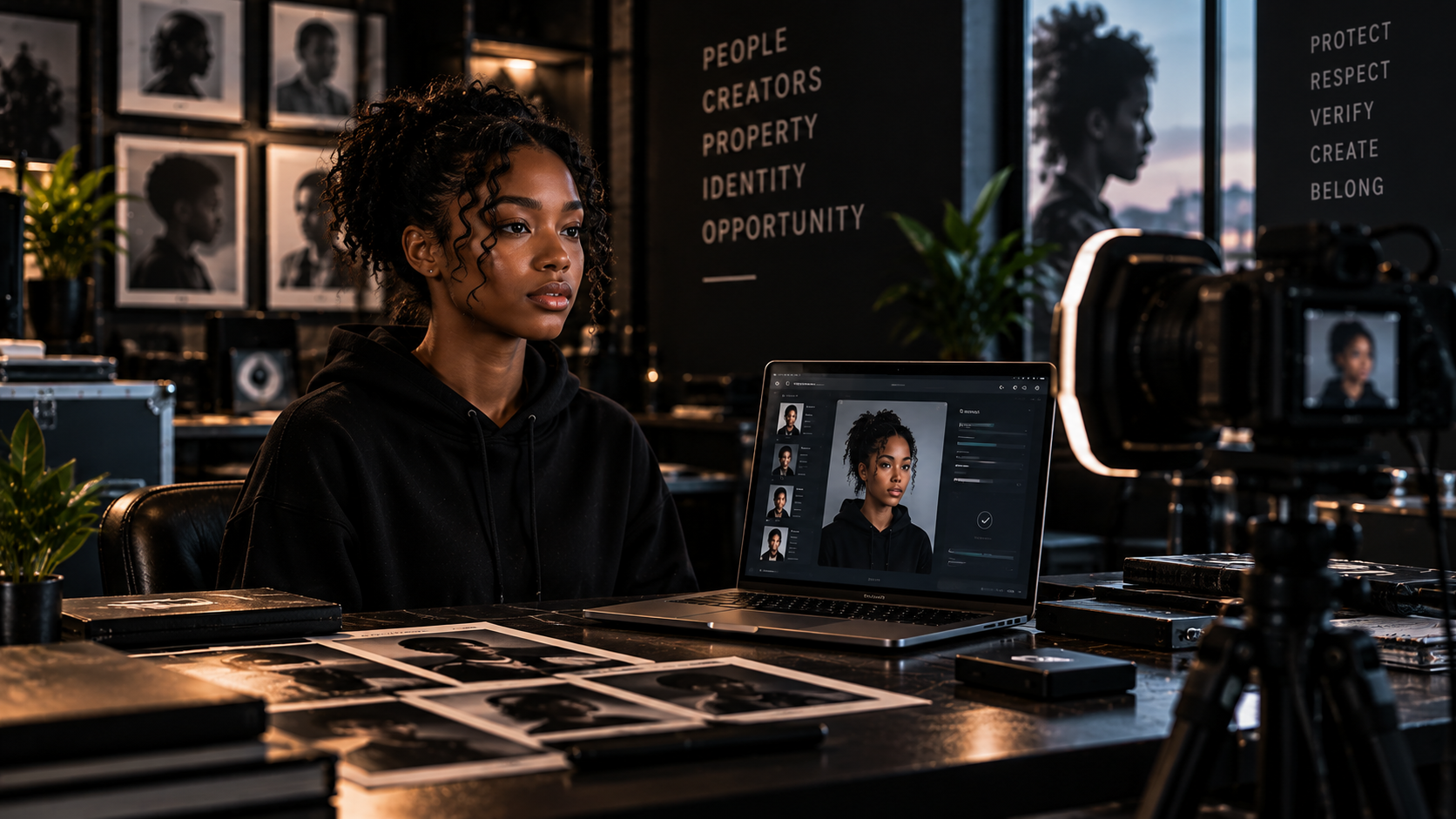 Creator verifying identity and likeness in a professional studio